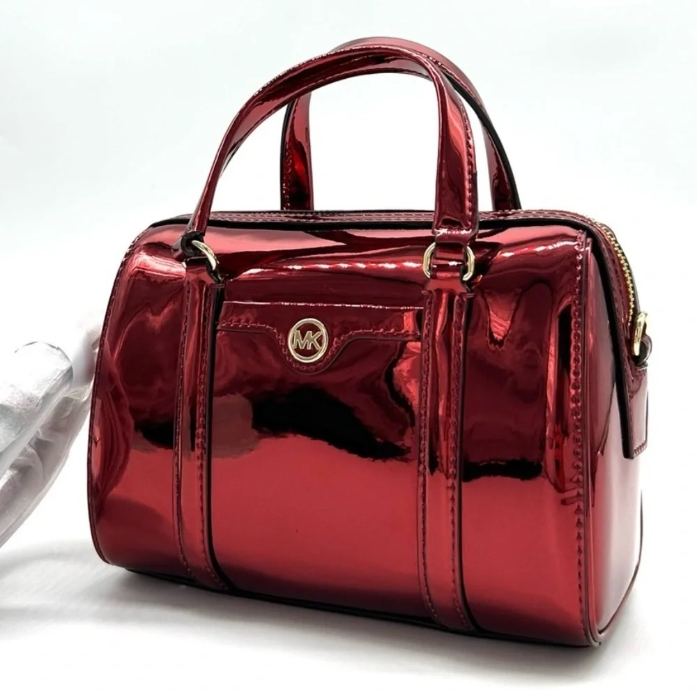 Michael Kors Jet Set Small Patent Duffel Crossbody Bag Cherry